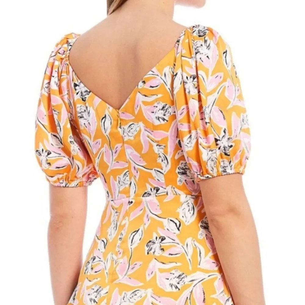 NWT Sachin Babi AVA Orange Pink Floral Ruffle Midi Wrap Dress Puff Sleeve - Picture 9 of 10